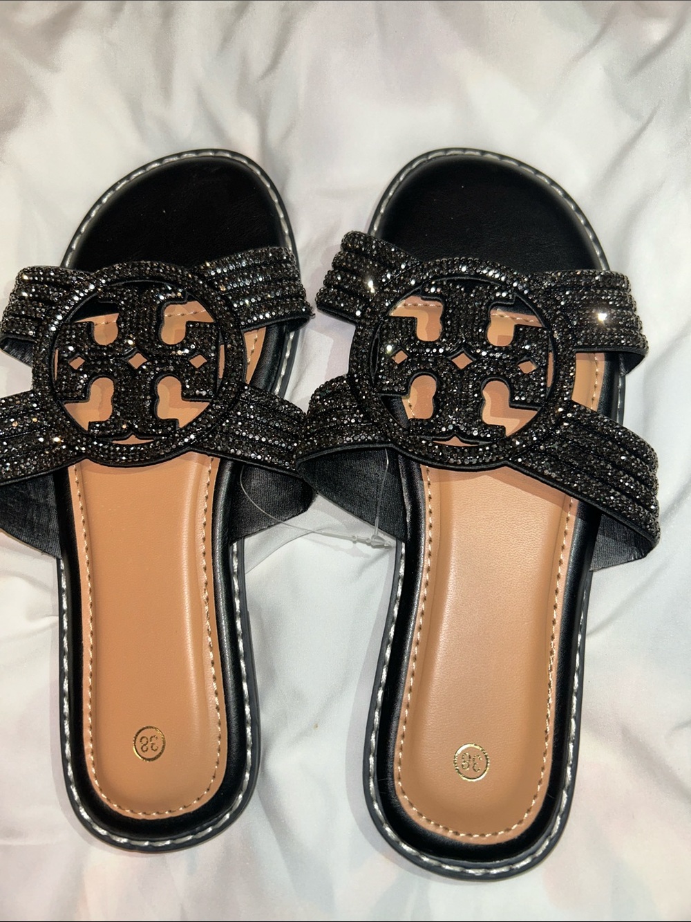 Black Crystal-Embellished Women's Slide Sandals